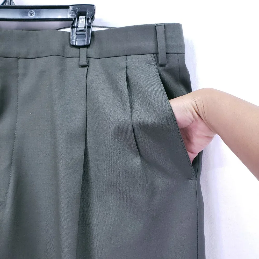 Paul Fredrick 100% Wool Italy Dark Sage Green Pleated Dress Pants Trousers 40R
